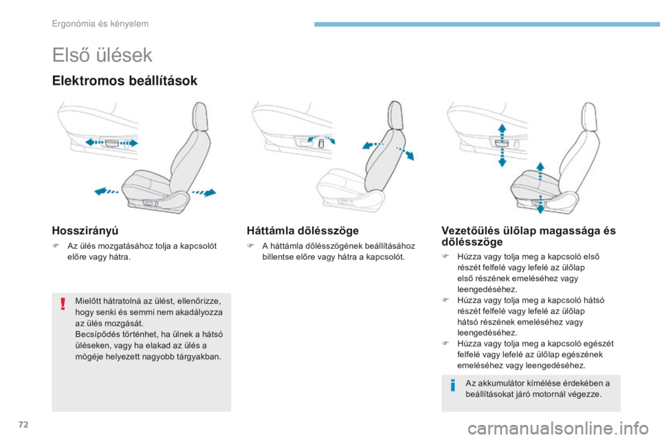 PEUGEOT 4008 2015  Kezelési útmutató (in Hungarian) 72
4008_hu_Chap03_Ergonomie-et-confort_ed01-2016
Első ülések
Elektromos beállítások
Hosszirányú
F Az ülés mozgatásához tolja a kapcsolót előre vagy hátra.
Háttámla dőlésszöge
F A h