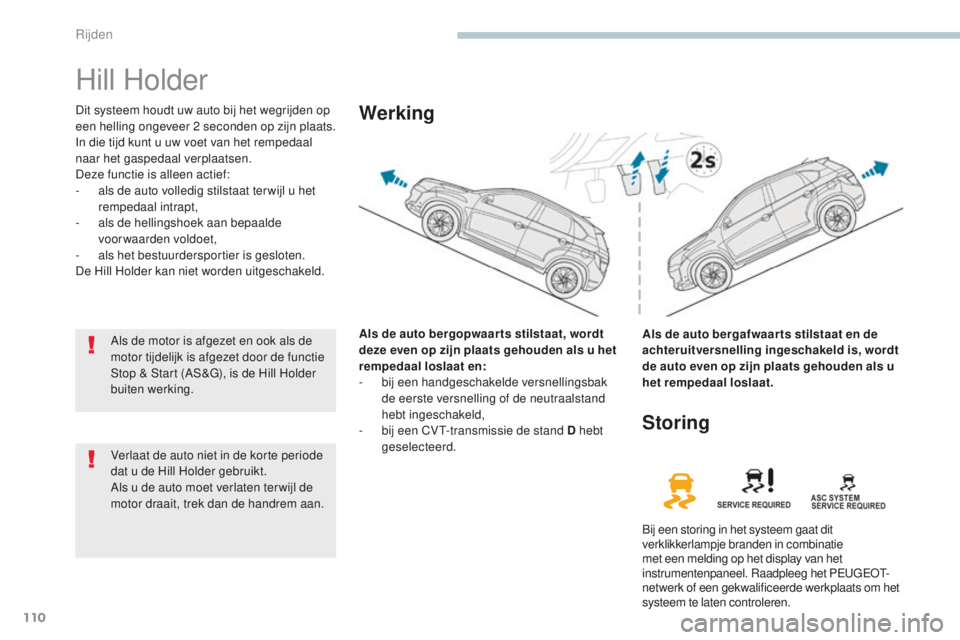 PEUGEOT 4008 2015 Instructieboekje (in Dutch) 110
4008_nl_Chap04_conduite_ed01-2016
Hill Holder
Dit systeem houdt uw auto bij het wegrijden op
een helling ongeveer 2 seconden op zijn plaats.
In die tijd kunt u uw voet van het rempedaal
naar h PEUGEOT 4008 2015 Instructieboekje (in Dutch) 110
4008_nl_Chap04_conduite_ed01-2016
Hill Holder
Dit systeem houdt uw auto bij het wegrijden op
een helling ongeveer 2 seconden op zijn plaats.
In die tijd kunt u uw voet van het rempedaal
naar h