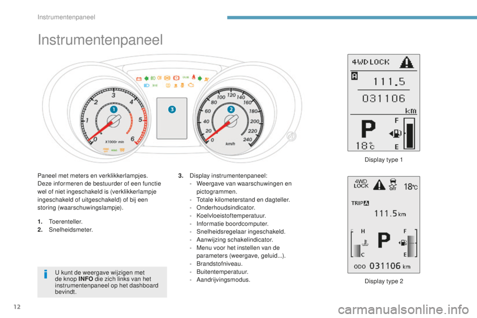 PEUGEOT 4008 2015 Instructieboekje (in Dutch) 12
Instrumentenpaneel
1. Toerenteller.
2. S nelheidsmeter.
Display type 2
3.
D
isplay instrumentenpaneel:
-
W
eergave van waarschuwingen en
pictogrammen.
-
T
otale kilometerstand en dagteller PEUGEOT 4008 2015 Instructieboekje (in Dutch) 12
Instrumentenpaneel
1. Toerenteller.
2. S nelheidsmeter.
Display type 2
3.
D
isplay instrumentenpaneel:
-
W
eergave van waarschuwingen en
pictogrammen.
-
T
otale kilometerstand en dagteller