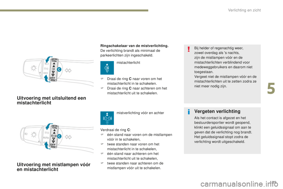 PEUGEOT 4008 2015  Instructieboekje (in Dutch) 129
4008_nl_Chap05_Eclairage-et-visibilite_ed01-2016
Uitvoering met uitsluitend een 
mistachterlicht
mistachterlicht
Verdraai de ring C :
F
 
é

én stand naar voren om de mistlampen 
vóór in te sc