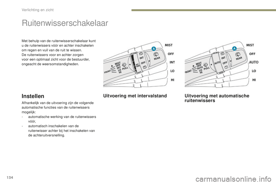 PEUGEOT 4008 2015  Instructieboekje (in Dutch) 134
4008_nl_Chap05_Eclairage-et-visibilite_ed01-2016
Met behulp van de ruitenwisserschakelaar kunt 
u de ruitenwissers vóór en achter inschakelen 
om regen en vuil van de ruit te wissen.
De ruitenwi