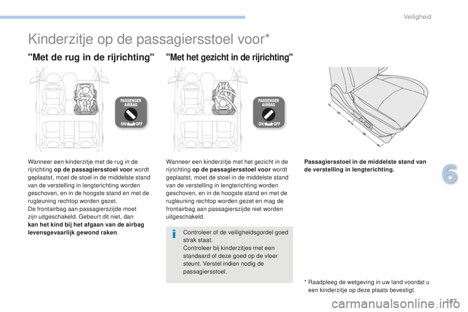PEUGEOT 4008 2015 Instructieboekje (in Dutch) 157
4008_nl_Chap06_securite_ed01-2016
Kinderzitje op de passagiersstoel voor*
"Met de rug in de rijrichting""Met het gezicht in de rijrichting"
Wanneer een kinderzitje met de rug in de PEUGEOT 4008 2015 Instructieboekje (in Dutch) 157
4008_nl_Chap06_securite_ed01-2016
Kinderzitje op de passagiersstoel voor*
"Met de rug in de rijrichting""Met het gezicht in de rijrichting"
Wanneer een kinderzitje met de rug in de