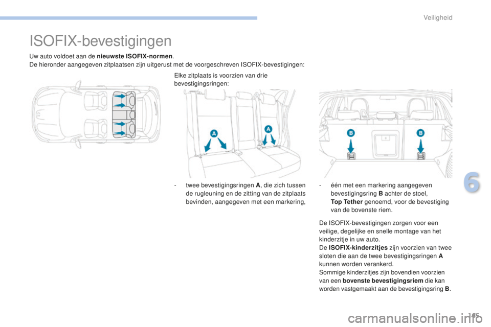 PEUGEOT 4008 2015 Instructieboekje (in Dutch) 165
4008_nl_Chap06_securite_ed01-2016
ISOFIX-bevestigingen
Uw auto voldoet aan de nieuwste ISOFIX-normen.
De hieronder aangegeven zitplaatsen zijn uitgerust met de voorgeschreven ISOFIX-bevestigingen: PEUGEOT 4008 2015 Instructieboekje (in Dutch) 165
4008_nl_Chap06_securite_ed01-2016
ISOFIX-bevestigingen
Uw auto voldoet aan de nieuwste ISOFIX-normen.
De hieronder aangegeven zitplaatsen zijn uitgerust met de voorgeschreven ISOFIX-bevestigingen: