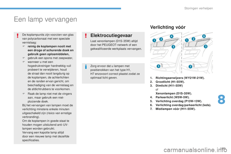 PEUGEOT 4008 2015 Instructieboekje (in Dutch) 199
4008_nl_Chap08_En-cas-de panne_ed01-2016
Een lamp vervangen
Zorg ervoor dat u lampen met
positienokken van het type H1,
H7 enzovoort correct plaatst zodat ze
optimaal licht geven.
De koplampun PEUGEOT 4008 2015 Instructieboekje (in Dutch) 199
4008_nl_Chap08_En-cas-de panne_ed01-2016
Een lamp vervangen
Zorg ervoor dat u lampen met
positienokken van het type H1,
H7 enzovoort correct plaatst zodat ze
optimaal licht geven.
De koplampun