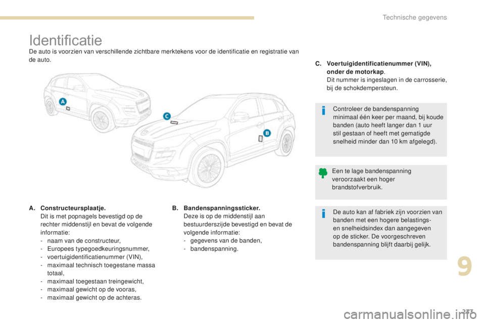 PEUGEOT 4008 2015  Instructieboekje (in Dutch) 233
4008_nl_Chap09_caracteristiques-techniques_ed01-2016
IdentificatieDe auto is voorzien van verschillende zichtbare merktekens voor de identificatie en registratie van 
de auto.
A.
 C
onstructeurspl