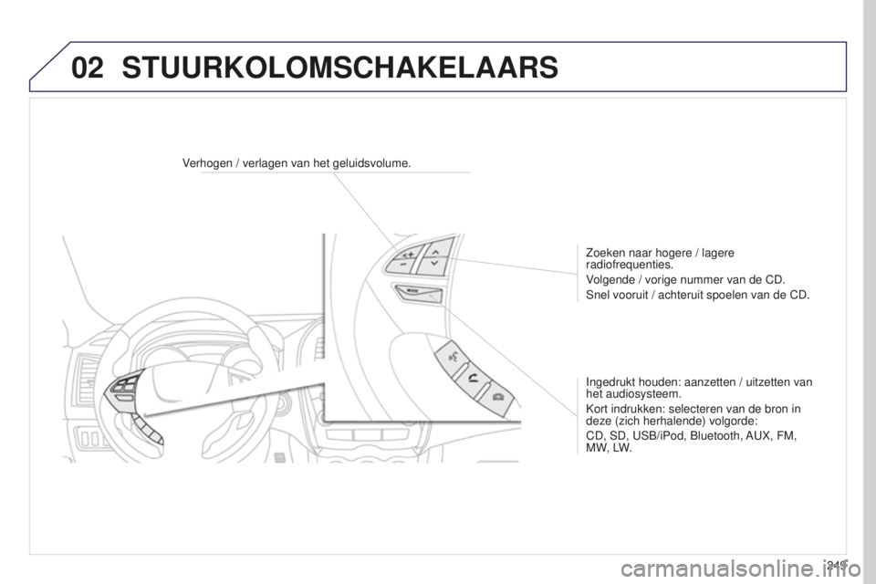 PEUGEOT 4008 2015  Instructieboekje (in Dutch) 02
249
4008_NL_CHAP10B_MITSU6_ED01-2016
Verhogen / verlagen van het geluidsvolume.Zoeken naar hogere / lagere 
radiofrequenties.
Volgende / vorige nummer van de CD.
Snel vooruit / achteruit spoelen va
