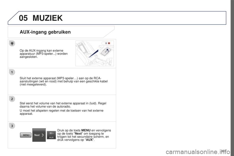 PEUGEOT 4008 2015 Instructieboekje (in Dutch) 05
307
4008_nl_Chap10c_Mitsu5_ed01-2016
MUZIEK
AUX-ingang gebruiken
Op de AUX-ingang kan externe
apparatuur (MP3-speler...) worden
aangesloten.
Sluit het externe apparaat (MP3-speler…) aan op de R PEUGEOT 4008 2015 Instructieboekje (in Dutch) 05
307
4008_nl_Chap10c_Mitsu5_ed01-2016
MUZIEK
AUX-ingang gebruiken
Op de AUX-ingang kan externe
apparatuur (MP3-speler...) worden
aangesloten.
Sluit het externe apparaat (MP3-speler…) aan op de R