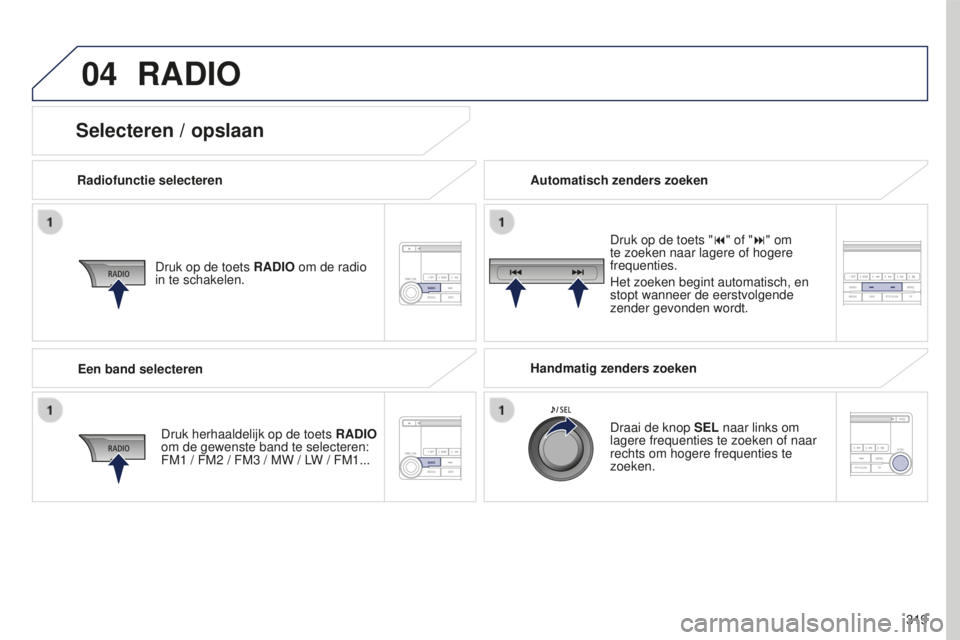 PEUGEOT 4008 2015 Instructieboekje (in Dutch) 04
319
4008_nl_Chap10d_Mitsu4_ed01-2016
RADIO
Radiofunctie selecterenDruk op de toets RADIO om de radio
in te schakelen.
Druk herhaaldelijk op de toets RADIO
om de gewenste band te selecteren:
FM1 PEUGEOT 4008 2015 Instructieboekje (in Dutch) 04
319
4008_nl_Chap10d_Mitsu4_ed01-2016
RADIO
Radiofunctie selecterenDruk op de toets RADIO om de radio
in te schakelen.
Druk herhaaldelijk op de toets RADIO
om de gewenste band te selecteren:
FM1