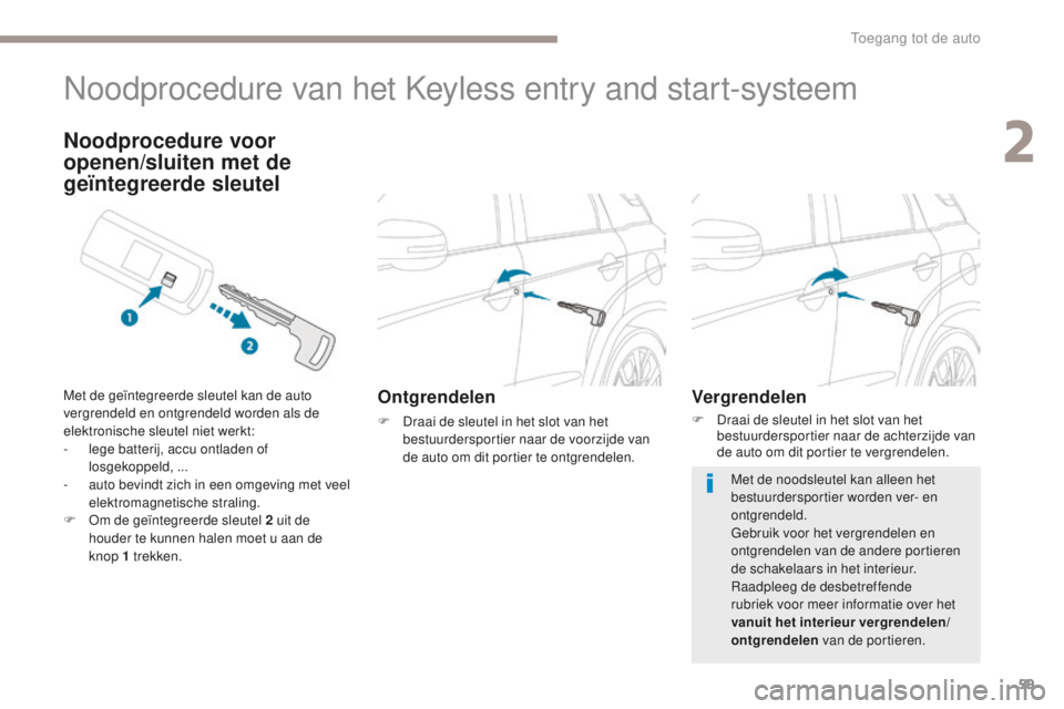PEUGEOT 4008 2015 Instructieboekje (in Dutch) 59
4008_nl_Chap02_ouvertures_ed01-2016
Noodprocedure van het Keyless entry and start-systeem
Ontgrendelen
F Draai de sleutel in het slot van het bestuurdersportier naar de voorzijde van
de auto om di PEUGEOT 4008 2015 Instructieboekje (in Dutch) 59
4008_nl_Chap02_ouvertures_ed01-2016
Noodprocedure van het Keyless entry and start-systeem
Ontgrendelen
F Draai de sleutel in het slot van het bestuurdersportier naar de voorzijde van
de auto om di