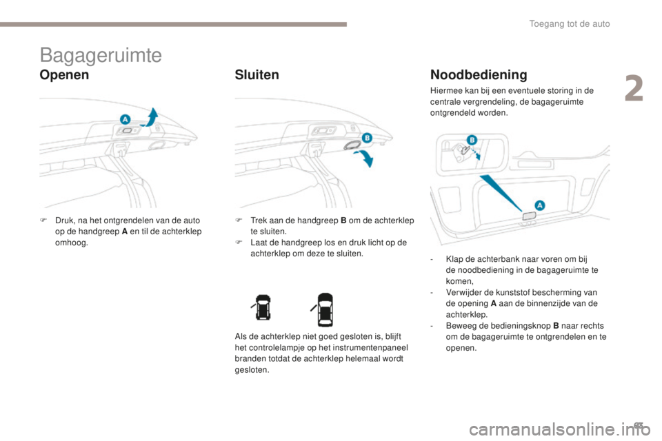 PEUGEOT 4008 2015 Instructieboekje (in Dutch) 63
4008_nl_Chap02_ouvertures_ed01-2016
Bagageruimte
Openen
F Druk, na het ontgrendelen van de auto op de handgreep A en til de achterklep
omhoog. F
T rek aan de handgreep B om de achterklep
te slui PEUGEOT 4008 2015 Instructieboekje (in Dutch) 63
4008_nl_Chap02_ouvertures_ed01-2016
Bagageruimte
Openen
F Druk, na het ontgrendelen van de auto op de handgreep A en til de achterklep
omhoog. F
T rek aan de handgreep B om de achterklep
te slui