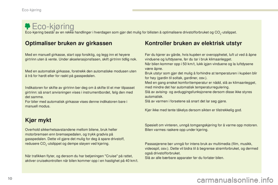 PEUGEOT 4008 2015 Instruksjoner for bruk (in Norwegian) 10
4008_no_Chap00c_eco-conduite_ed01-2016
eco-kjøringeco-kjøring består av en rekke handlinger i hverdagen som gjør det mulig for bilisten å optimalisere drivstofforbruket og Co2-utslippet.
Optim PEUGEOT 4008 2015 Instruksjoner for bruk (in Norwegian) 10
4008_no_Chap00c_eco-conduite_ed01-2016
eco-kjøringeco-kjøring består av en rekke handlinger i hverdagen som gjør det mulig for bilisten å optimalisere drivstofforbruket og Co2-utslippet.
Optim