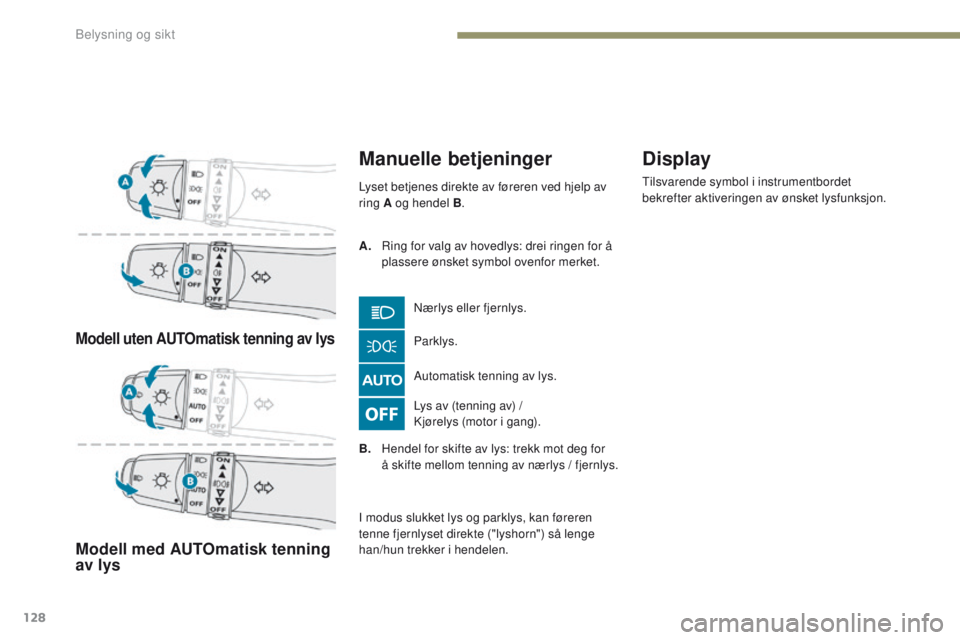 PEUGEOT 4008 2015  Instruksjoner for bruk (in Norwegian) 128
4008_no_Chap05_Eclairage-et-visibilite_ed01-2016
Modell uten AUTOmatisk tenning av lys
Modell med AUTOmatisk tenning 
av lys
Manuelle betjeninger
Lys av (tenning av) /  
Kjørelys (motor i gang). 