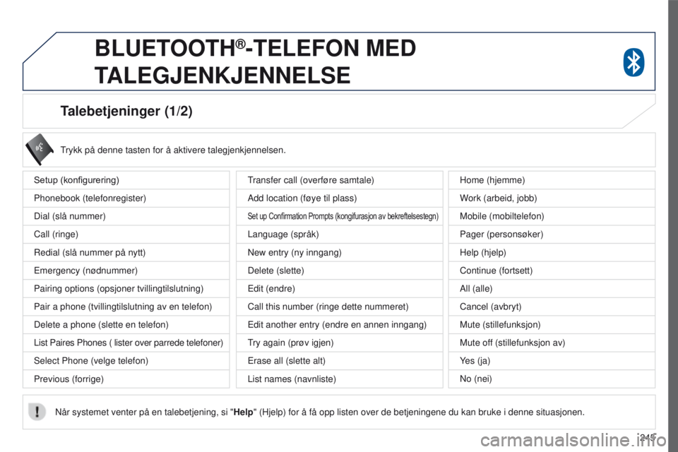 PEUGEOT 4008 2015 Instruksjoner for bruk (in Norwegian) 245
4008_no_Chap10a_Mitsu3_ed01-2016
Talebetjeninger (1/2)
Setup (konfigurering)
Phonebook (telefonregister)
Dial (slå nummer)
Call (ringe)
Redial (slå nummer på nytt)
e
mergency (nødnummer)
Pair PEUGEOT 4008 2015 Instruksjoner for bruk (in Norwegian) 245
4008_no_Chap10a_Mitsu3_ed01-2016
Talebetjeninger (1/2)
Setup (konfigurering)
Phonebook (telefonregister)
Dial (slå nummer)
Call (ringe)
Redial (slå nummer på nytt)
e
mergency (nødnummer)
Pair