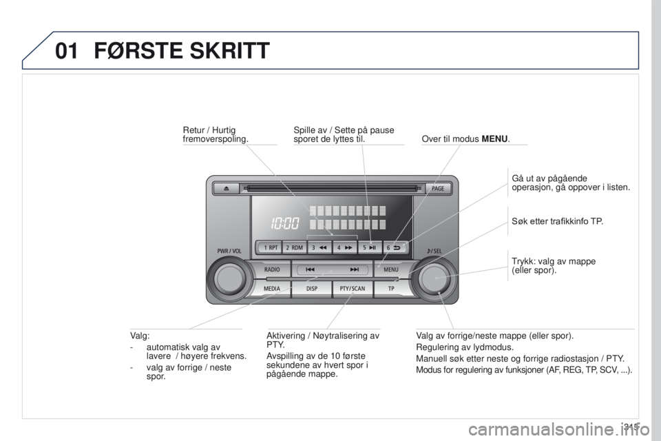 PEUGEOT 4008 2015  Instruksjoner for bruk (in Norwegian) 01
315
4008_no_Chap10d_Mitsu4_ed01-2016
FØRSTE SKRITT
Retur / Hurtig 
fremoverspoling.Aktivering / Nøytralisering av 
P
t Y.
Avspilling av de 10
  første 
sekundene av hvert spor i 
pågående mapp
