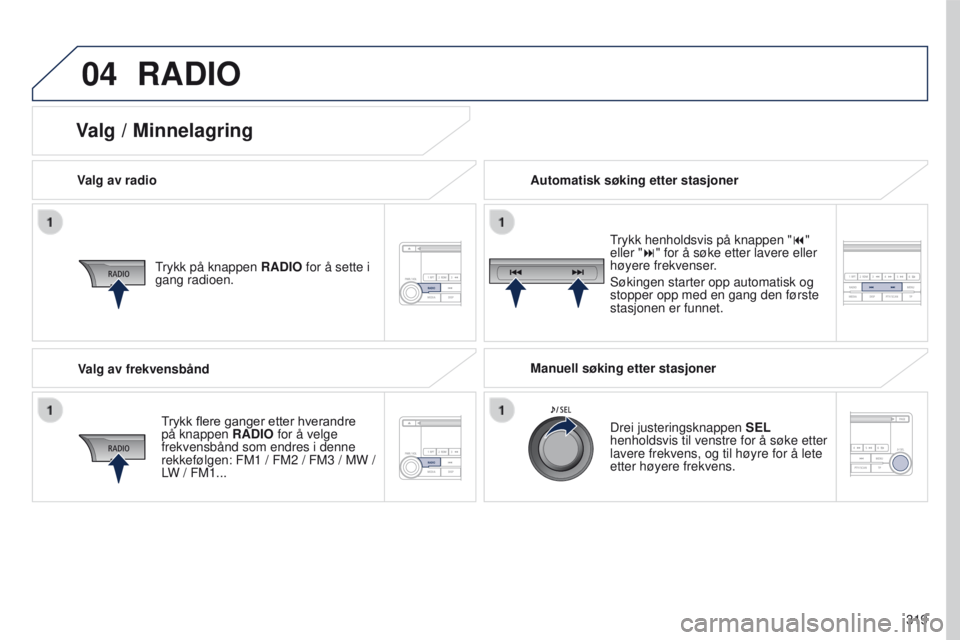 PEUGEOT 4008 2015 Instruksjoner for bruk (in Norwegian) 04
319
4008_no_Chap10d_Mitsu4_ed01-2016
RADIO
Valg av radio
trykk på knappen RADIO
for å sette i
gang radioen.
Trykk
flere ganger etter hverandre
på knappen RADIO
for å velge
frekv PEUGEOT 4008 2015 Instruksjoner for bruk (in Norwegian) 04
319
4008_no_Chap10d_Mitsu4_ed01-2016
RADIO
Valg av radio
trykk på knappen RADIO
for å sette i
gang radioen.
Trykk
flere ganger etter hverandre
på knappen RADIO
for å velge
frekv