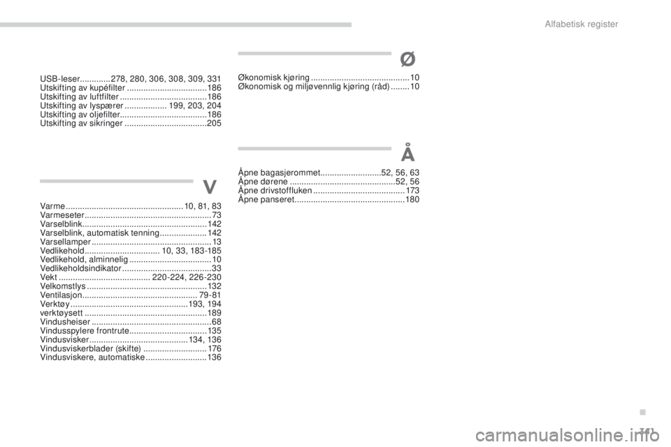 PEUGEOT 4008 2015 Instruksjoner for bruk (in Norwegian) 341
4008_no_Chap11_index-alpha_ed01-2016
uSB-leser............. 278, 280, 306, 308, 309, 331u
tskifting av kupéfilter ..................................18 6
u
tskifting av luftfilter
............. PEUGEOT 4008 2015 Instruksjoner for bruk (in Norwegian) 341
4008_no_Chap11_index-alpha_ed01-2016
uSB-leser............. 278, 280, 306, 308, 309, 331u
tskifting av kupéfilter ..................................18 6
u
tskifting av luftfilter
.............