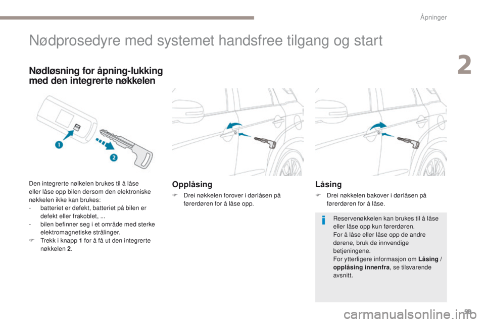 PEUGEOT 4008 2015 Instruksjoner for bruk (in Norwegian) 59
4008_no_Chap02_ouvertures_ed01-2016
Nødprosedyre med systemet handsfree tilgang og start
Opplåsing
F Drei nøkkelen forover i dørlåsen på førerdøren for å låse opp.
Nødløsning for åpnin PEUGEOT 4008 2015 Instruksjoner for bruk (in Norwegian) 59
4008_no_Chap02_ouvertures_ed01-2016
Nødprosedyre med systemet handsfree tilgang og start
Opplåsing
F Drei nøkkelen forover i dørlåsen på førerdøren for å låse opp.
Nødløsning for åpnin