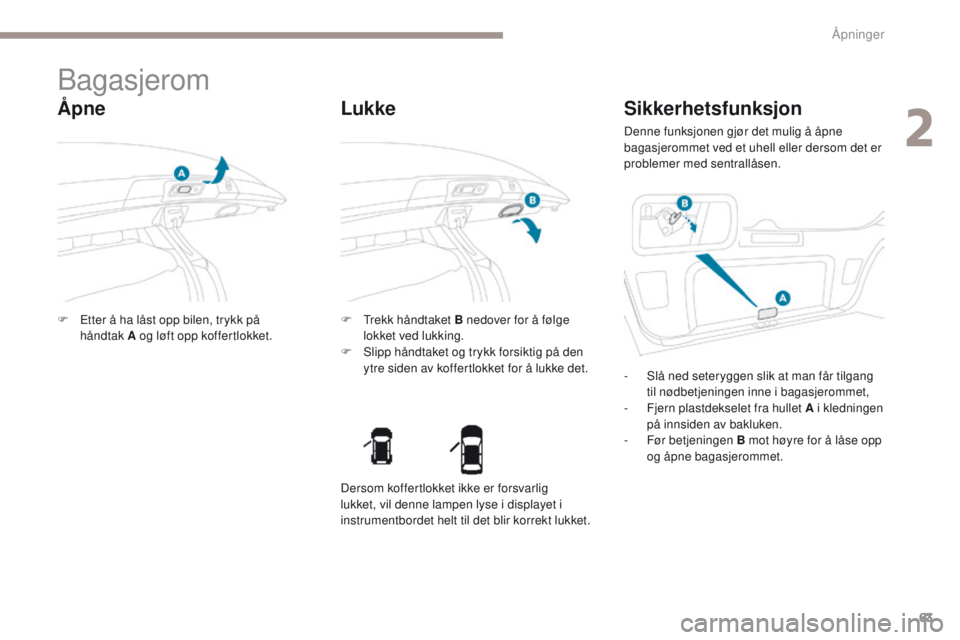 PEUGEOT 4008 2015 Instruksjoner for bruk (in Norwegian) 63
4008_no_Chap02_ouvertures_ed01-2016
Bagasjerom
Åpne
F etter å ha låst opp bilen, trykk på håndtak A og løft opp koffertlokket. F
tr ekk håndtaket B nedover for å følge
lokket ved lukk PEUGEOT 4008 2015 Instruksjoner for bruk (in Norwegian) 63
4008_no_Chap02_ouvertures_ed01-2016
Bagasjerom
Åpne
F etter å ha låst opp bilen, trykk på håndtak A og løft opp koffertlokket. F
tr ekk håndtaket B nedover for å følge
lokket ved lukk