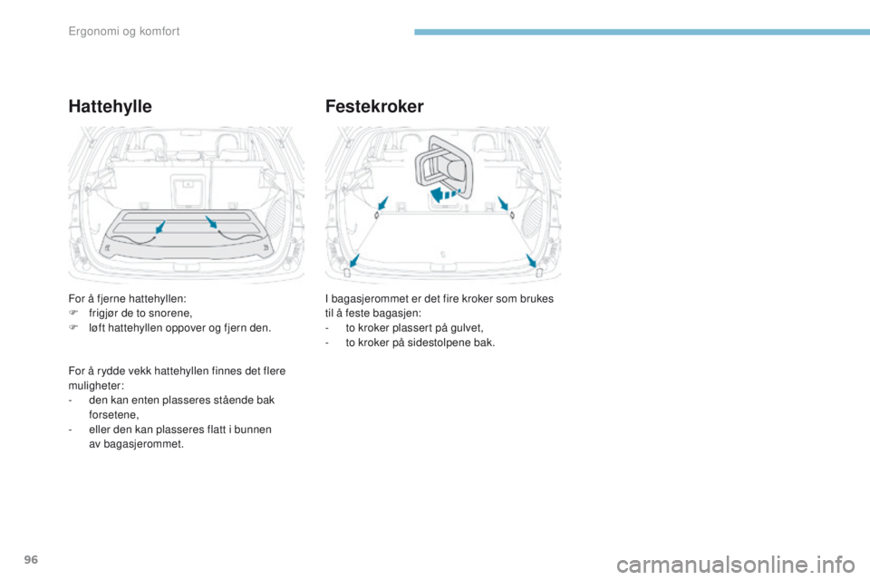PEUGEOT 4008 2015  Instruksjoner for bruk (in Norwegian) 96
4008_no_Chap03_Ergonomie-et-confort_ed01-2016
HattehylleFestekroker
I bagasjerommet er det fire kroker som brukes 
til å feste bagasjen:
-
 
t
 o kroker plassert på gulvet,
-
 
t
 o kroker på si