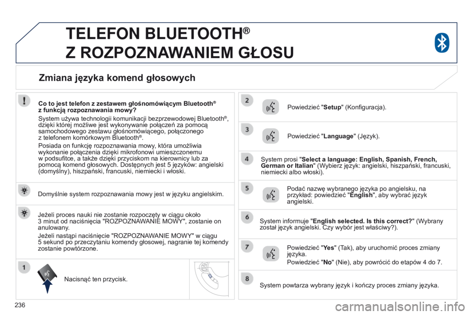 PEUGEOT 4008 2015 Instrukcja obsługi (in Polish) 236
4008_pl_Chap10a_Mitsu3_ed01-2016
teLeFoN BLuetootH®
Z
ROZPOZNAWANIEM
GŁOSU
Domyślnie system rozpoznawania mowy jest w języku angielskim.
Nacisnąć ten przycisk. Powiedzieć "
Setup PEUGEOT 4008 2015 Instrukcja obsługi (in Polish) 236
4008_pl_Chap10a_Mitsu3_ed01-2016
teLeFoN BLuetootH®
Z
ROZPOZNAWANIEM
GŁOSU
Domyślnie system rozpoznawania mowy jest w języku angielskim.
Nacisnąć ten przycisk. Powiedzieć "
Setup