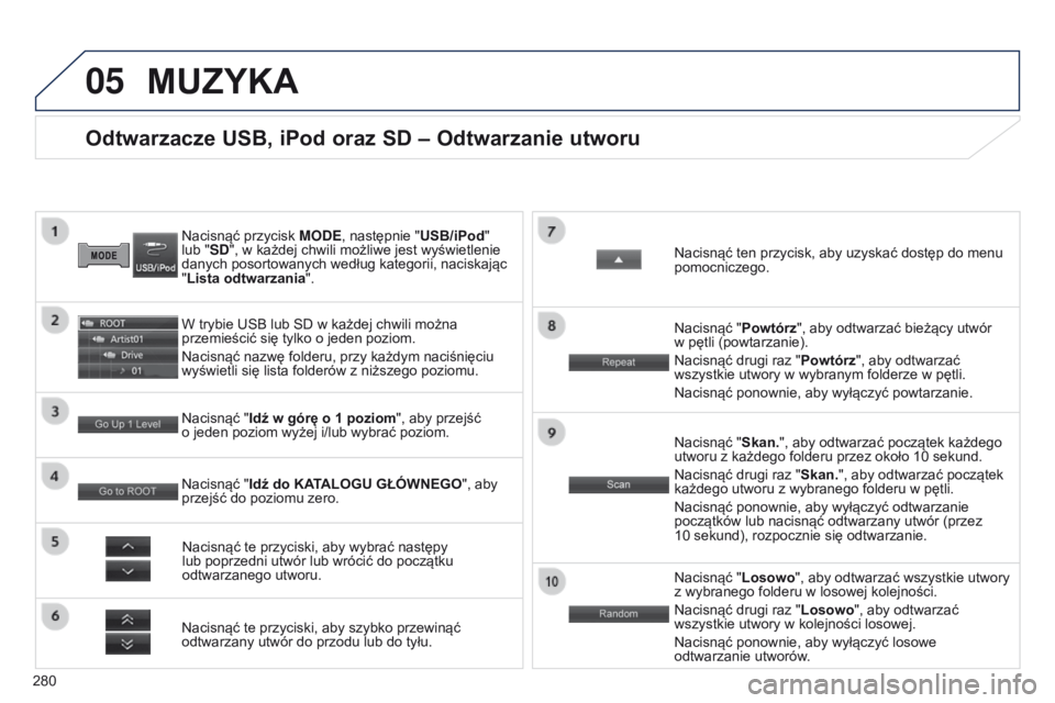 PEUGEOT 4008 2015 Instrukcja obsługi (in Polish) 05
280
4008_PL_CHAP10B_MITSU6_ED01-2016
Odtwarzacze USB, iPod oraz SD – Odtwarzanie utworu
Nacisnąć przycisk M o D e , następnie "USB/iPod"
lub "SD", w każdej chwili możliwe PEUGEOT 4008 2015 Instrukcja obsługi (in Polish) 05
280
4008_PL_CHAP10B_MITSU6_ED01-2016
Odtwarzacze USB, iPod oraz SD – Odtwarzanie utworu
Nacisnąć przycisk M o D e , następnie "USB/iPod"
lub "SD", w każdej chwili możliwe