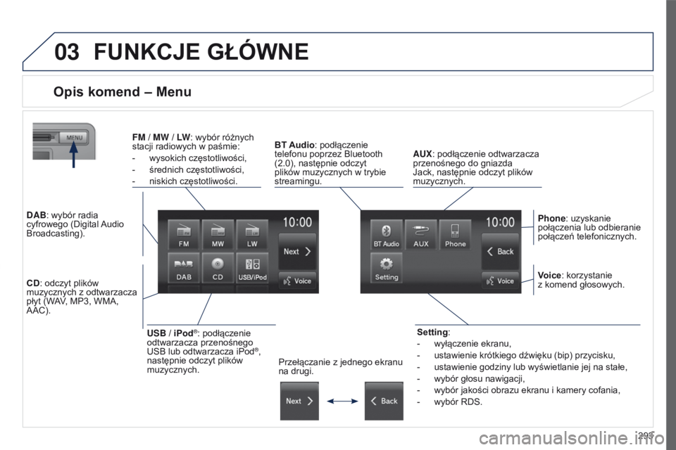 PEUGEOT 4008 2015 Instrukcja obsługi (in Polish) 03
293
4008_pl_Chap10c_Mitsu5_ed01-2016
FUNKCJE GŁÓWNE
Opis komend – Menu
Setting:
-
wyłączenie ekranu,
-
ustawienie krótkiego dźwięku (bip) przycisku,
-
ustawienie godziny lub wyświe PEUGEOT 4008 2015 Instrukcja obsługi (in Polish) 03
293
4008_pl_Chap10c_Mitsu5_ed01-2016
FUNKCJE GŁÓWNE
Opis komend – Menu
Setting:
-
wyłączenie ekranu,
-
ustawienie krótkiego dźwięku (bip) przycisku,
-
ustawienie godziny lub wyświe