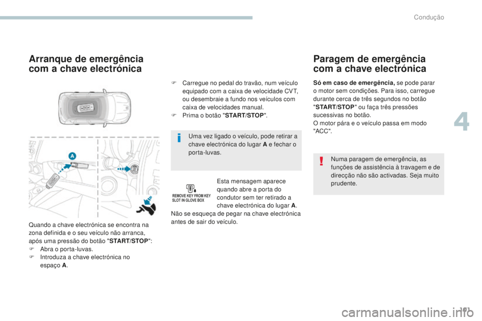 PEUGEOT 4008 2015  Manual de utilização (in Portuguese) 101
4008_pt_Chap04_conduite_ed01-2016
Uma vez ligado o veículo, pode retirar a 
chave electrónica do lugar A e fechar o 
porta-luvas.
Arranque de emergência 
com a chave electrónica
Esta mensagem 
