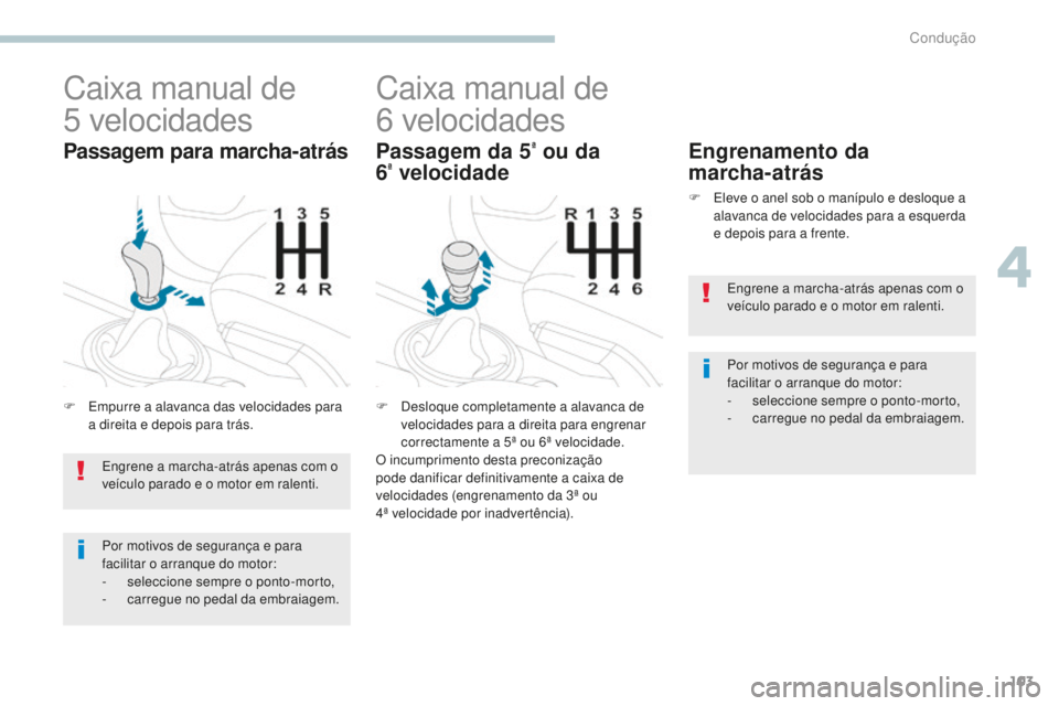 PEUGEOT 4008 2015  Manual de utilização (in Portuguese) 103
4008_pt_Chap04_conduite_ed01-2016
Caixa manual de 
5
 
velocidades
F Empurre a alavanca das velocidades para 
a direita e depois para trás.
Passagem para marcha-atrás
Caixa manual de 
6
 
veloci