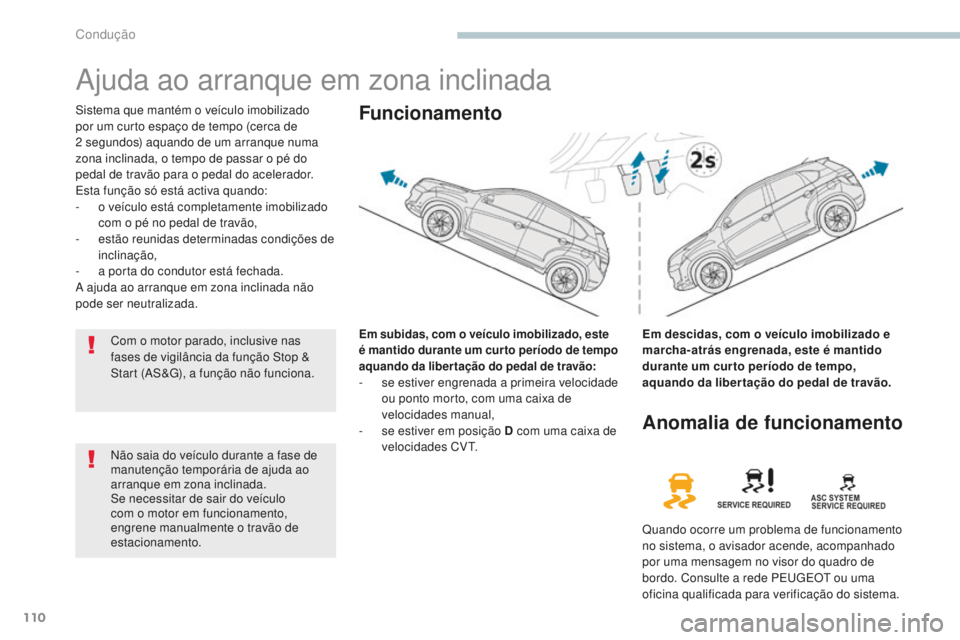 PEUGEOT 4008 2015 Manual de utilização (in Portuguese) 110
4008_pt_Chap04_conduite_ed01-2016
Ajuda ao arranque em zona inclinada
Sistema que mantém o veículo imobilizado
por um curto espaço de tempo (cerca de
2 segundos) aquando de um arranque num PEUGEOT 4008 2015 Manual de utilização (in Portuguese) 110
4008_pt_Chap04_conduite_ed01-2016
Ajuda ao arranque em zona inclinada
Sistema que mantém o veículo imobilizado
por um curto espaço de tempo (cerca de
2 segundos) aquando de um arranque num