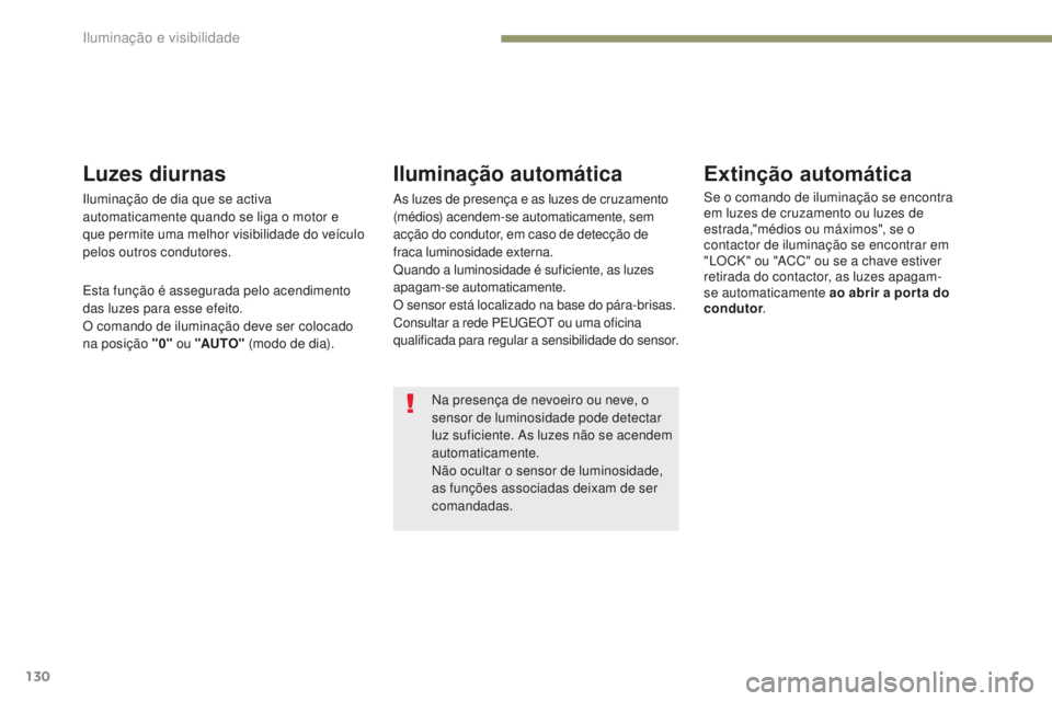PEUGEOT 4008 2015  Manual de utilização (in Portuguese) 130
4008_pt_Chap05_Eclairage-et-visibilite_ed01-2016
Na presença de nevoeiro ou neve, o 
sensor de luminosidade pode detectar 
luz suficiente. As luzes não se acendem 
automaticamente.
Não ocultar 