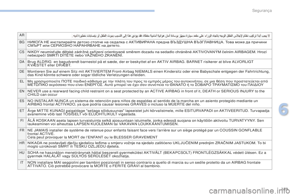 PEUGEOT 4008 2015 Manual de utilização (in Portuguese) 159
AR
BG
НИКОГА НЕ инсталирайте детско столче на седалка с АКТИВИРАНА предна ВЪЗДУШНА ВЪЗГЛАВНИЦ А. Това може да PEUGEOT 4008 2015 Manual de utilização (in Portuguese) 159
AR
BG
НИКОГА НЕ инсталирайте детско столче на седалка с АКТИВИРАНА предна ВЪЗДУШНА ВЪЗГЛАВНИЦ А. Това може да