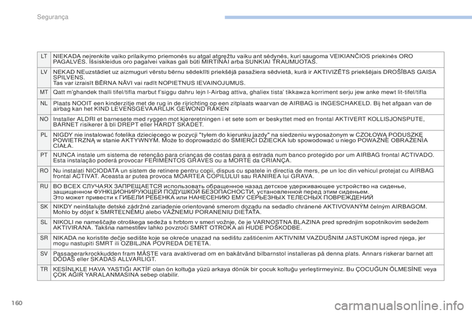 PEUGEOT 4008 2015 Manual de utilização (in Portuguese) 160
LTNIEK ADA neįrenkite vaiko prilaikymo priemonės su atgal atgręžtu vaiku ant sėdynės, kuri saugoma VEIKIANČIOS priekinės ORO
PAGALVĖS. Išsiskleidus oro pagalvei vaikas gali būti MIRTIN PEUGEOT 4008 2015 Manual de utilização (in Portuguese) 160
LTNIEK ADA neįrenkite vaiko prilaikymo priemonės su atgal atgręžtu vaiku ant sėdynės, kuri saugoma VEIKIANČIOS priekinės ORO
PAGALVĖS. Išsiskleidus oro pagalvei vaikas gali būti MIRTIN