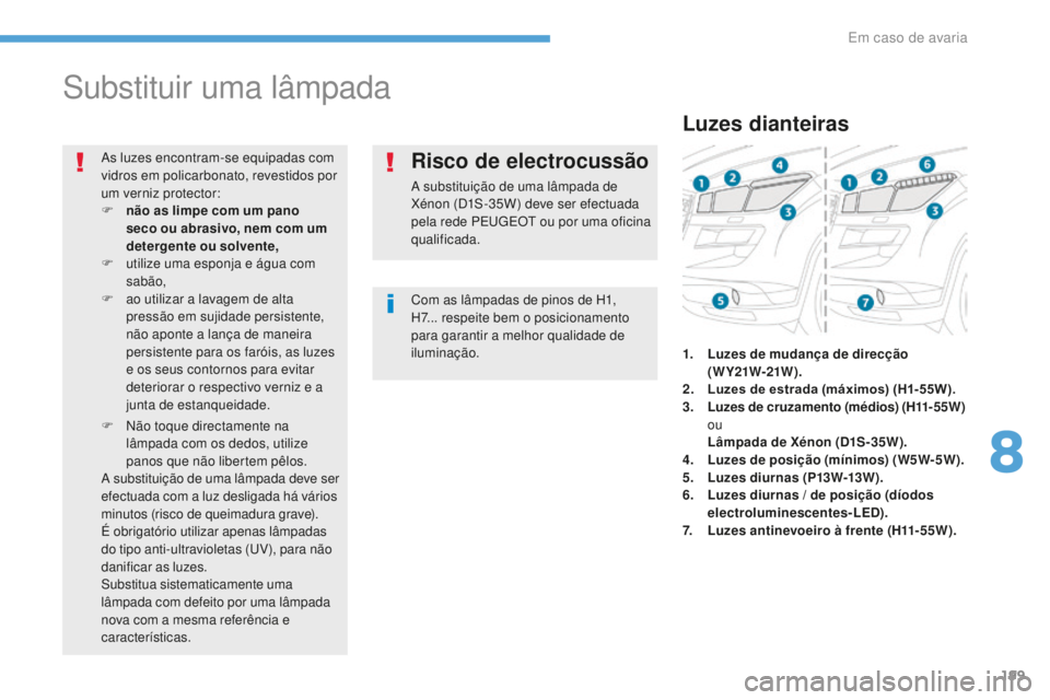 PEUGEOT 4008 2015  Manual de utilização (in Portuguese) 199
4008_pt_Chap08_En-cas-de panne_ed01-2016
Substituir uma lâmpada
Com as lâmpadas de pinos de H1, 
H7... respeite bem o posicionamento 
para garantir a melhor qualidade de 
iluminação.
As luzes 