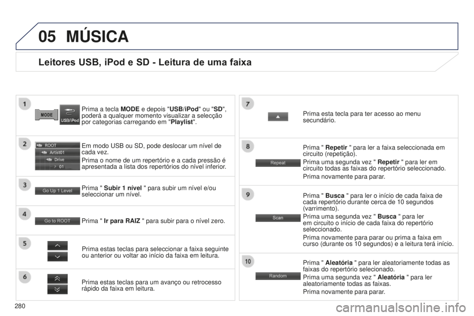 PEUGEOT 4008 2015  Manual de utilização (in Portuguese) 05
280
4008_PT_CHAP10B_MITSU6_ED01-2016
Leitores USB, iPod e SD - Leitura de uma faixa
Prima a tecla MODE e depois "USB/iPod" ou "SD", 
poderá a qualquer momento visualizar a selecç