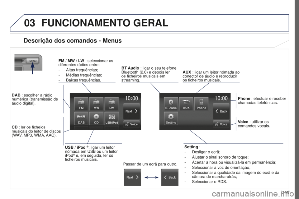 PEUGEOT 4008 2015  Manual de utilização (in Portuguese) 03
293
4008_pt_Chap10c_Mitsu5_ed01-2016
FUNCIONAMENTO GERAL
Descrição dos comandos - Menus
Setting :
- 
Desligar o ecrã;
-

 
Ajustar o sinal sonoro de toque;
-

 
Acertar a hora ou visualizá-la e