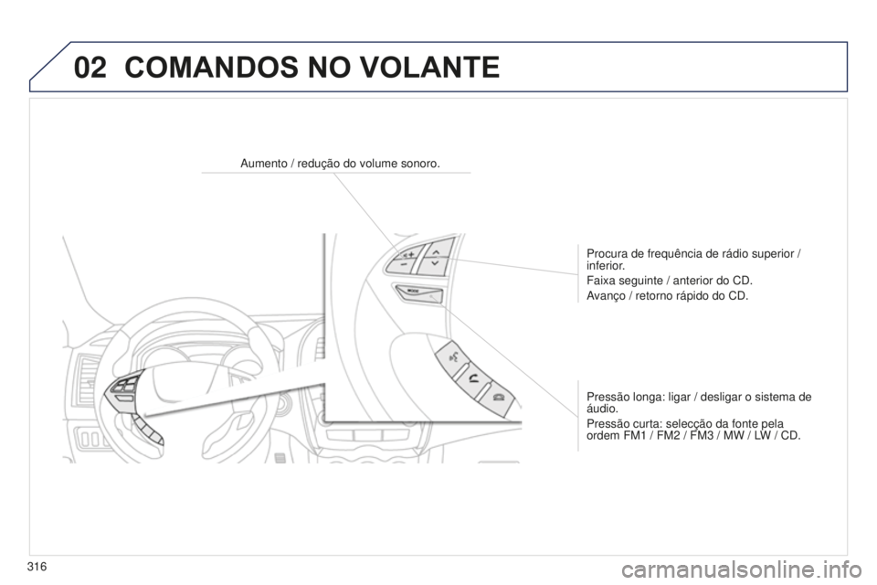 PEUGEOT 4008 2015  Manual de utilização (in Portuguese) 02
316
4008_pt_Chap10d_Mitsu4_ed01-2016
COMANDOS NO VOLANTE
Aumento / redução do volume sonoro.Procura de frequência de rádio superior / 
inferior.
Faixa seguinte / anterior do CD.
Avanço / retor