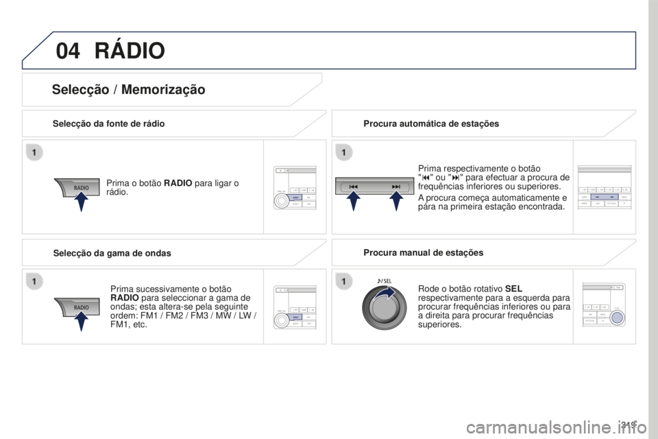 PEUGEOT 4008 2015  Manual de utilização (in Portuguese) 04
319
4008_pt_Chap10d_Mitsu4_ed01-2016
RÁDIO
Selecção da fonte de rádioPrima o botão RADIO para ligar o 
rádio.
Prima sucessivamente o botão 
RADIO para seleccionar a gama de 
ondas; esta alte
