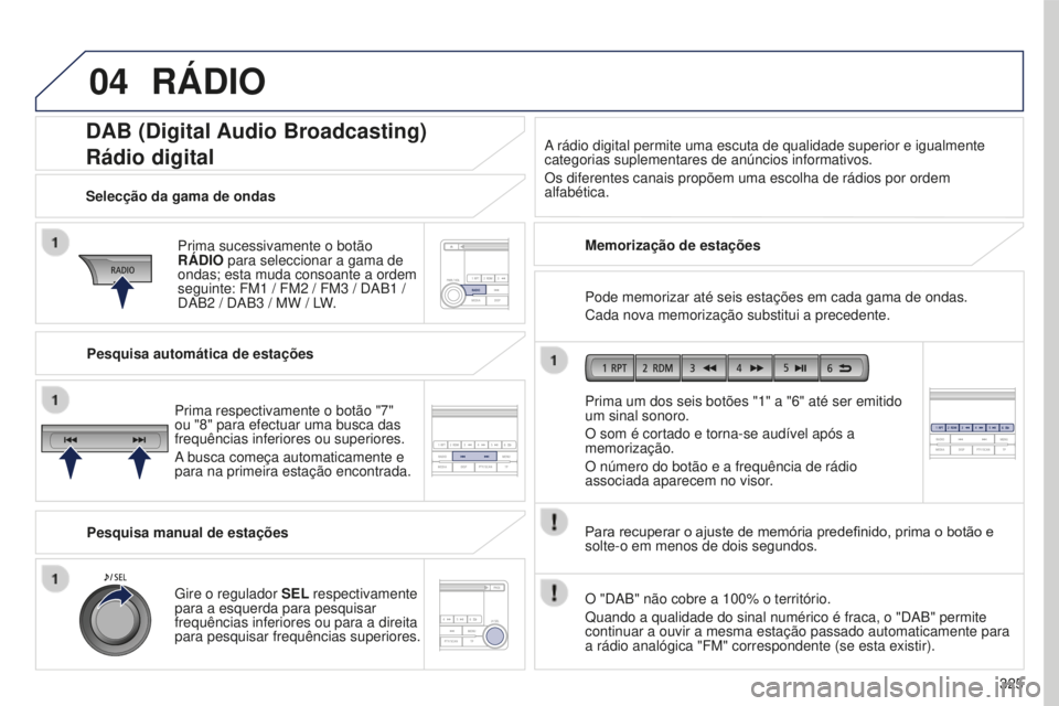 PEUGEOT 4008 2015  Manual de utilização (in Portuguese) 04
325
4008_pt_Chap10d_Mitsu4_ed01-2016
DAB (Digital Audio Broadcasting)
Rádio digital
Prima sucessivamente o botão 
RÁDIO para seleccionar a gama de 
ondas; esta muda consoante a ordem 
seguinte: 