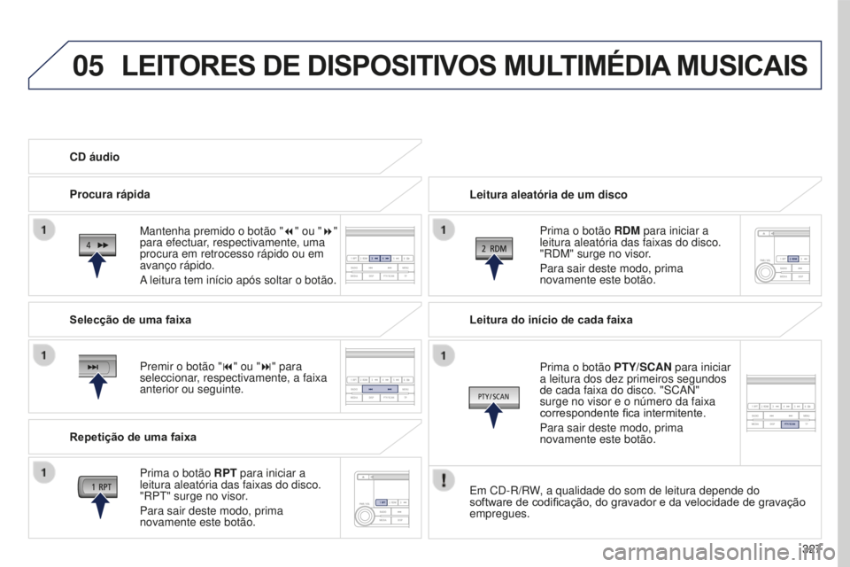 PEUGEOT 4008 2015  Manual de utilização (in Portuguese) 05
327
4008_pt_Chap10d_Mitsu4_ed01-2016
LEITORES DE DISPOSITIVOS MULTIMéDIA MUSICAIS
Leitura aleatória de um disco
Prima o botão  RDM para iniciar a 
leitura aleatória das faixas do disco. 
"R