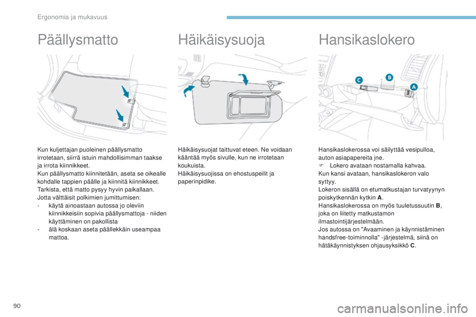 PEUGEOT 4008 2015 Omistajan Käsikirja (in Finnish) 90
4008_fi_Chap03_Ergonomie-et-confort_ed01-2016
Päällysmatto
Kun kuljettajan puoleinen päällysmatto
irrotetaan, siirrä istuin mahdollisimman taakse
ja irrota kiinnikkeet.
Kun päällysmatto ki PEUGEOT 4008 2015 Omistajan Käsikirja (in Finnish) 90
4008_fi_Chap03_Ergonomie-et-confort_ed01-2016
Päällysmatto
Kun kuljettajan puoleinen päällysmatto
irrotetaan, siirrä istuin mahdollisimman taakse
ja irrota kiinnikkeet.
Kun päällysmatto ki