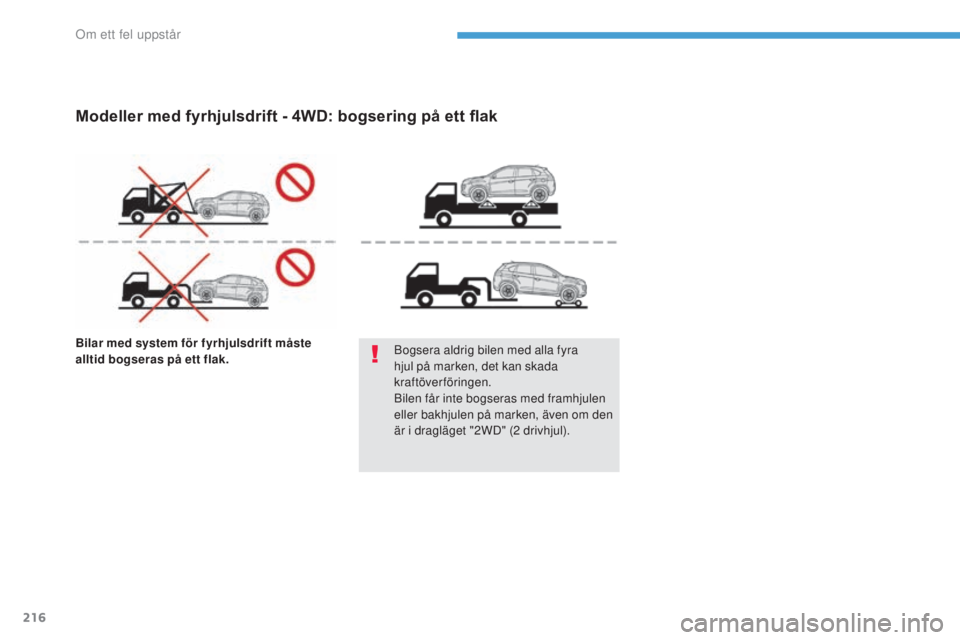 PEUGEOT 4008 2015 Bruksanvisningar (in Swedish) 216
4008_sv_Chap08_en-cas-de panne_ed01-2016
Bilar med system för fyrhjulsdrift måste
alltid bogseras på ett flak. Bogsera aldrig bilen med alla fyra
hjul på marken, det kan skada
kraftöverfö PEUGEOT 4008 2015 Bruksanvisningar (in Swedish) 216
4008_sv_Chap08_en-cas-de panne_ed01-2016
Bilar med system för fyrhjulsdrift måste
alltid bogseras på ett flak. Bogsera aldrig bilen med alla fyra
hjul på marken, det kan skada
kraftöverfö
