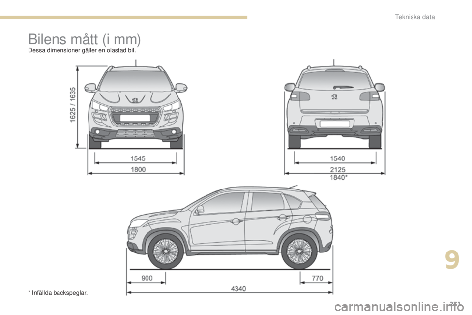PEUGEOT 4008 2015 Bruksanvisningar (in Swedish) 231
4008_sv_Chap09_caracteristiques-techniques_ed01-2016
Bilens mått (i mm)Dessa dimensioner gäller en olastad bil.
* Infällda backspeglar.
9
Tekniska data PEUGEOT 4008 2015 Bruksanvisningar (in Swedish) 231
4008_sv_Chap09_caracteristiques-techniques_ed01-2016
Bilens mått (i mm)Dessa dimensioner gäller en olastad bil.
* Infällda backspeglar.
9
Tekniska data