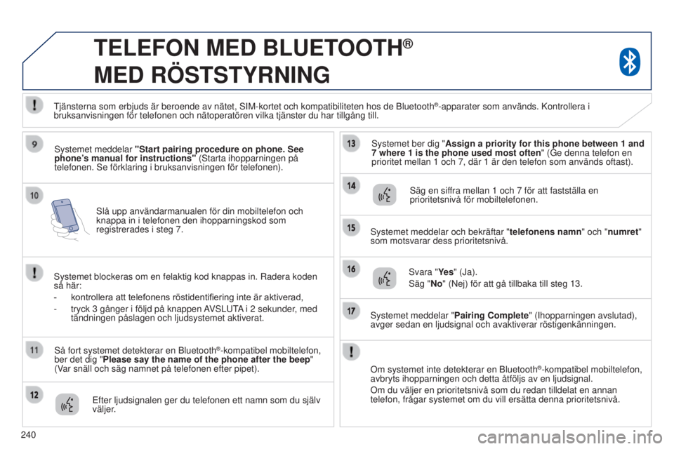 PEUGEOT 4008 2015  Bruksanvisningar (in Swedish) 240
4008_sv_Chap10a_Mitsu3_ed01-2016
slå upp användarmanualen för din mobiltelefon och 
knappa in i telefonen den ihopparningskod som 
registrerades i steg 7.
TELEFON MED BLUETOOTH®  
MED

 
RÖST