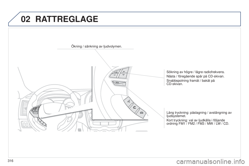 PEUGEOT 4008 2015  Bruksanvisningar (in Swedish) 02
316
4008_sv_Chap10d_Mitsu4_ed01-2016
RATTREGLAGE
Ökning / sänkning av ljudvolymen.
s
ökning av högre / lägre radiofrekvens.
Nästa / föregående spår på CD-skivan.
s

nabbspolning framåt /