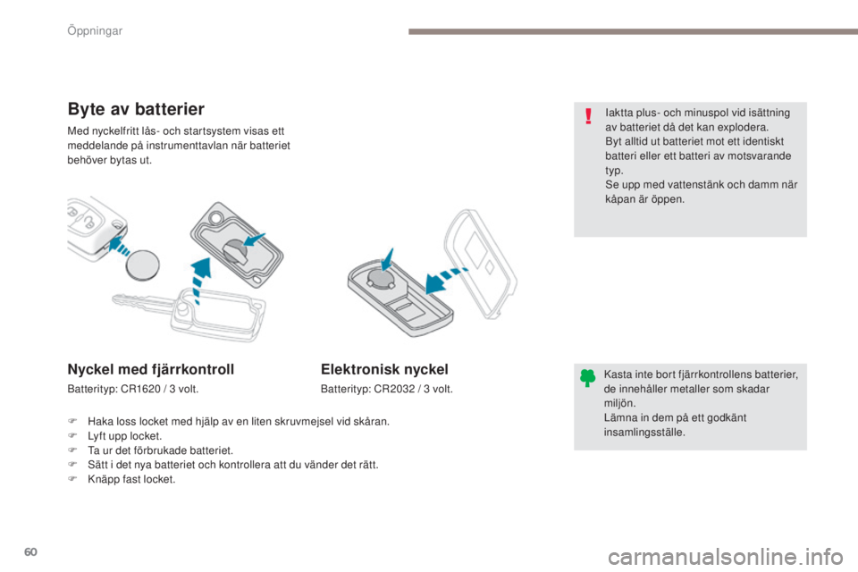 PEUGEOT 4008 2015  Bruksanvisningar (in Swedish) 60
4008_sv_Chap02_ouvertures_ed01-2016
Med nyckelfritt lås- och startsystem visas ett 
meddelande på instrumenttavlan när batteriet 
behöver bytas ut.
Byte av batterier
Kasta inte bort fjärrkontr