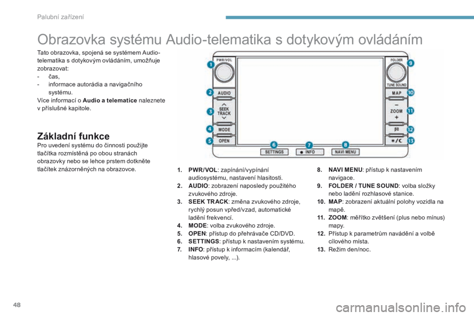 PEUGEOT 4008 2015  Návod na použití (in Czech) 48
Obrazovka systému Audio-telematika s dotykovým ovládáním
Základní funkcePro uvedení systému do činnosti použijte 
tlačítka rozmístěná po obou stranách 
obrazovky nebo se lehce prst
