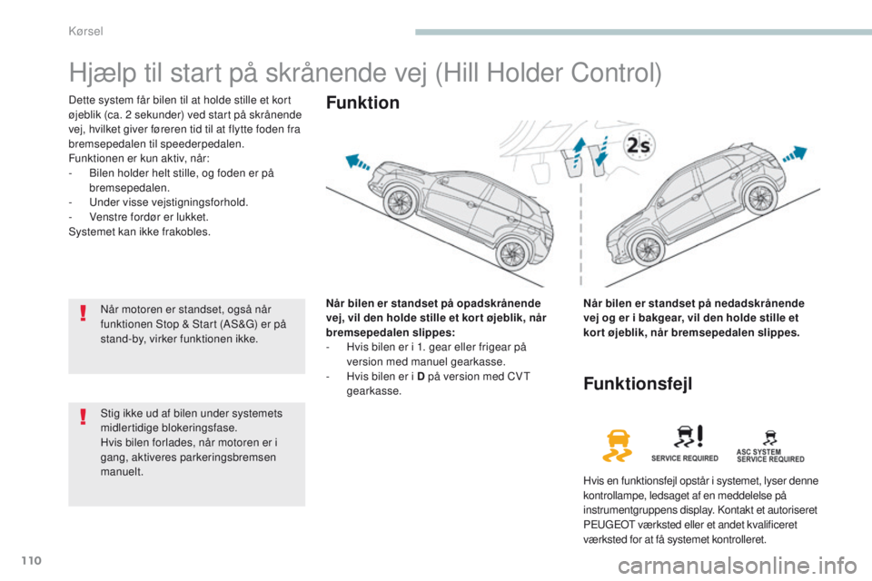 PEUGEOT 4008 2017 Brugsanvisning (in Danish) 110
4008_da_Chap04_conduite_ed01-2016
Hjælp til start på skrånende vej (Hill Holder Control)
Dette system får bilen til at holde stille et kort
øjeblik (ca. 2 sekunder) ved start på skrånende PEUGEOT 4008 2017 Brugsanvisning (in Danish) 110
4008_da_Chap04_conduite_ed01-2016
Hjælp til start på skrånende vej (Hill Holder Control)
Dette system får bilen til at holde stille et kort
øjeblik (ca. 2 sekunder) ved start på skrånende