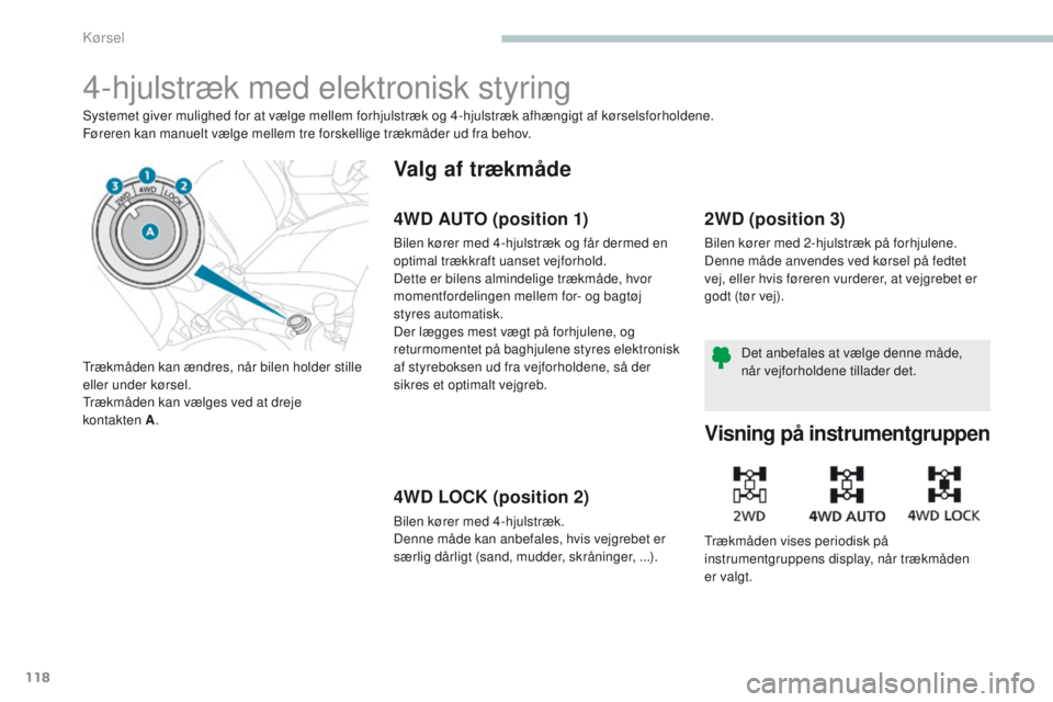 PEUGEOT 4008 2017 Brugsanvisning (in Danish) 118
4008_da_Chap04_conduite_ed01-2016
4-hjulstræk med elektronisk styring
Systemet giver mulighed for at vælge mellem forhjulstræk og 4-hjulstræk afhængigt af kørselsforholdene.
Føreren kan man PEUGEOT 4008 2017 Brugsanvisning (in Danish) 118
4008_da_Chap04_conduite_ed01-2016
4-hjulstræk med elektronisk styring
Systemet giver mulighed for at vælge mellem forhjulstræk og 4-hjulstræk afhængigt af kørselsforholdene.
Føreren kan man
