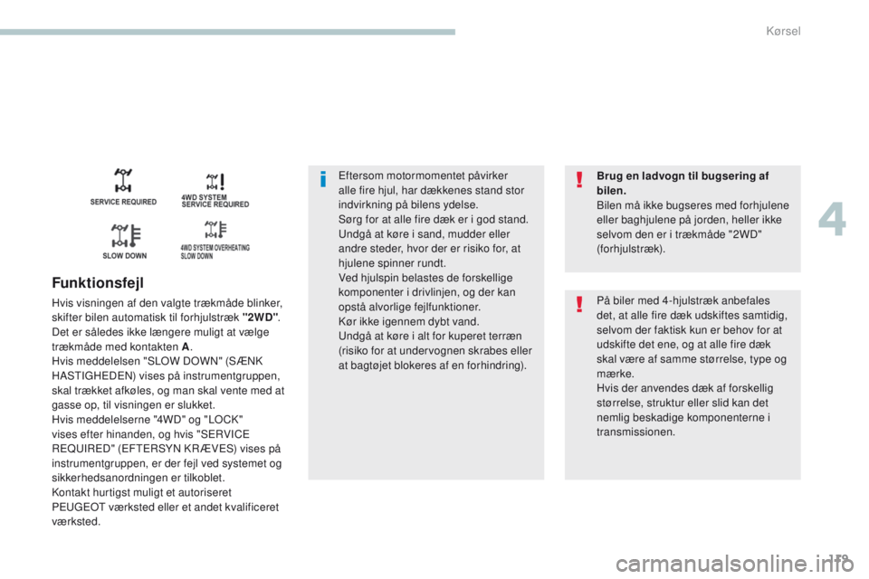 PEUGEOT 4008 2017 Brugsanvisning (in Danish) 119
4008_da_Chap04_conduite_ed01-2016
eftersom motormomentet påvirker
alle fire hjul, har dækkenes stand stor
indvirkning på bilens ydelse.
Sørg for at alle fire dæk er i god stand.
un
dgå at PEUGEOT 4008 2017 Brugsanvisning (in Danish) 119
4008_da_Chap04_conduite_ed01-2016
eftersom motormomentet påvirker
alle fire hjul, har dækkenes stand stor
indvirkning på bilens ydelse.
Sørg for at alle fire dæk er i god stand.
un
dgå at