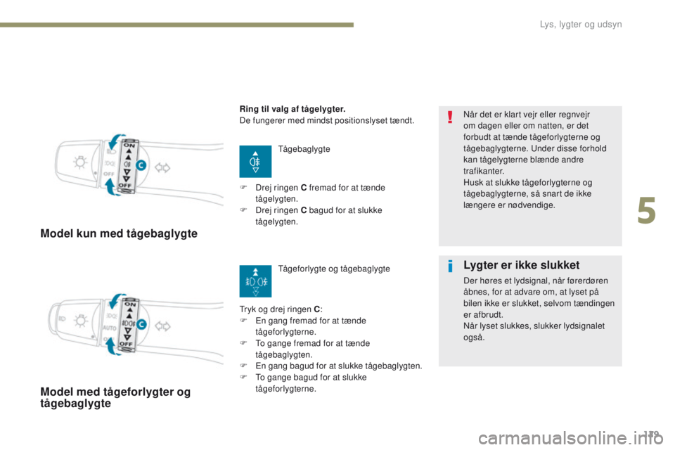 PEUGEOT 4008 2017 Brugsanvisning (in Danish) 129
4008_da_Chap05_Eclairage-et-visibilite_ed01-2016
Model kun med tågebaglygte
tågebaglygte
tr
yk og drej ringen C :
F
e
n g
ang fremad for at tænde
tågeforlygterne.
F
t
o g
ange fremad f PEUGEOT 4008 2017 Brugsanvisning (in Danish) 129
4008_da_Chap05_Eclairage-et-visibilite_ed01-2016
Model kun med tågebaglygte
tågebaglygte
tr
yk og drej ringen C :
F
e
n g
ang fremad for at tænde
tågeforlygterne.
F
t
o g
ange fremad f